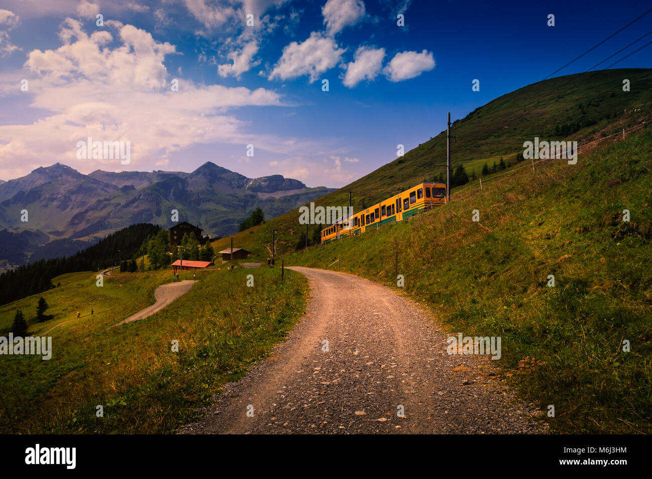 Paysage coloré dans la région de la Jungfrau avec le train de montagne de Lauterbrunnen à Kleine Scheidegg. Wengen, Alpes Bernoises, Suisse Banque D'Images