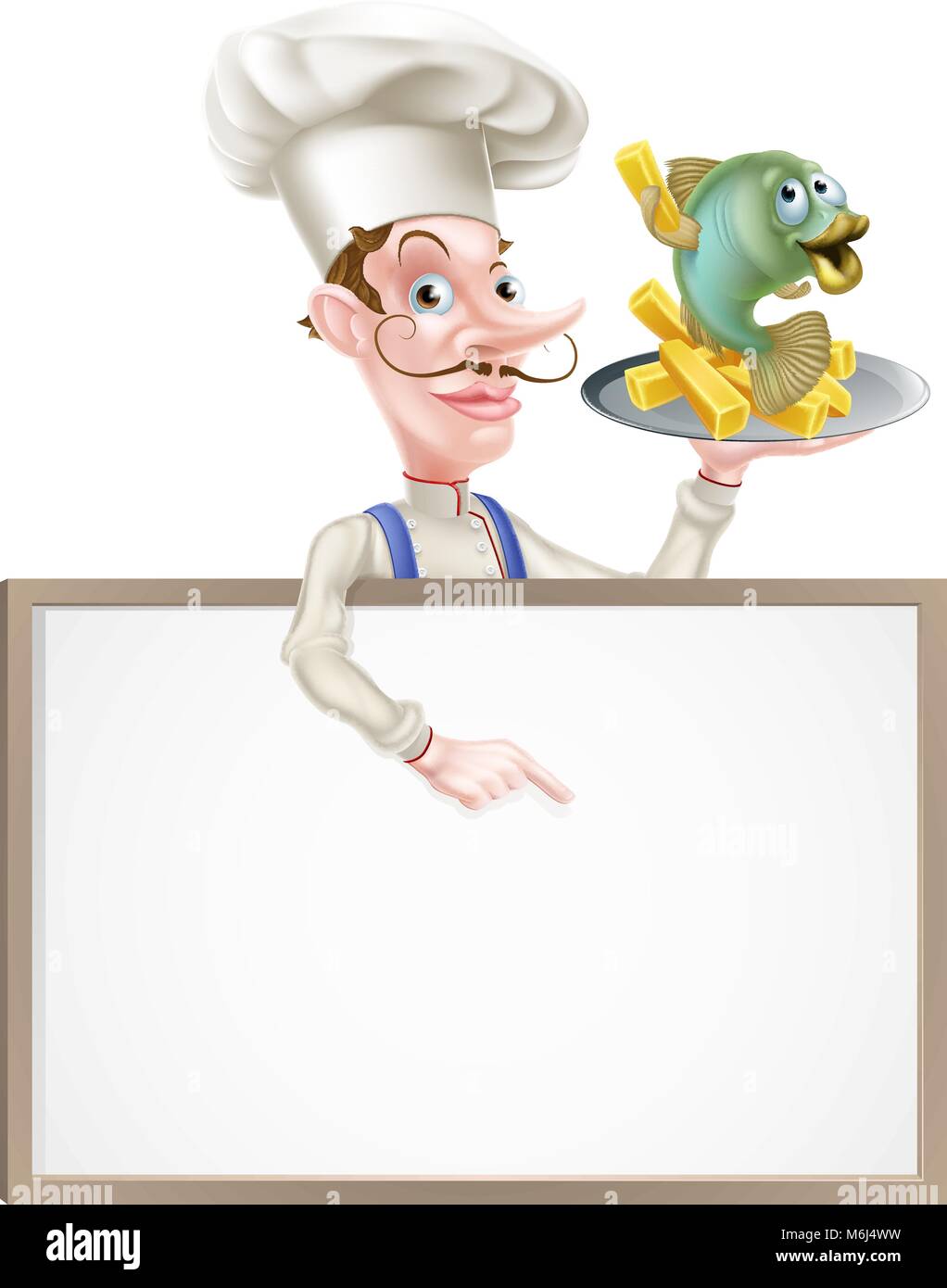 Cartoon Chef Holding Fish and Chips Sign Illustration de Vecteur