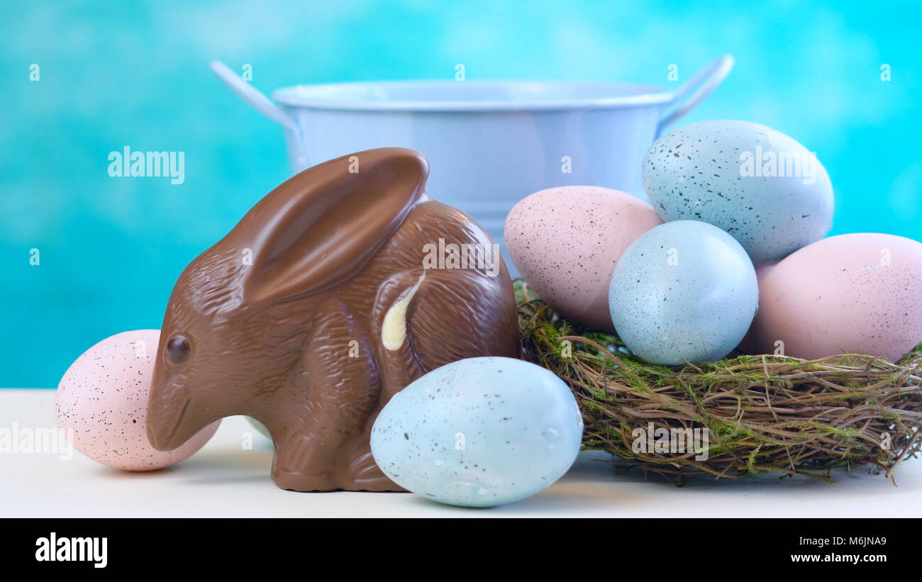 Chocolat au lait australien oeuf de Pâques Bilby avec des oeufs dans le nid contre un fond blanc et bleu Banque D'Images