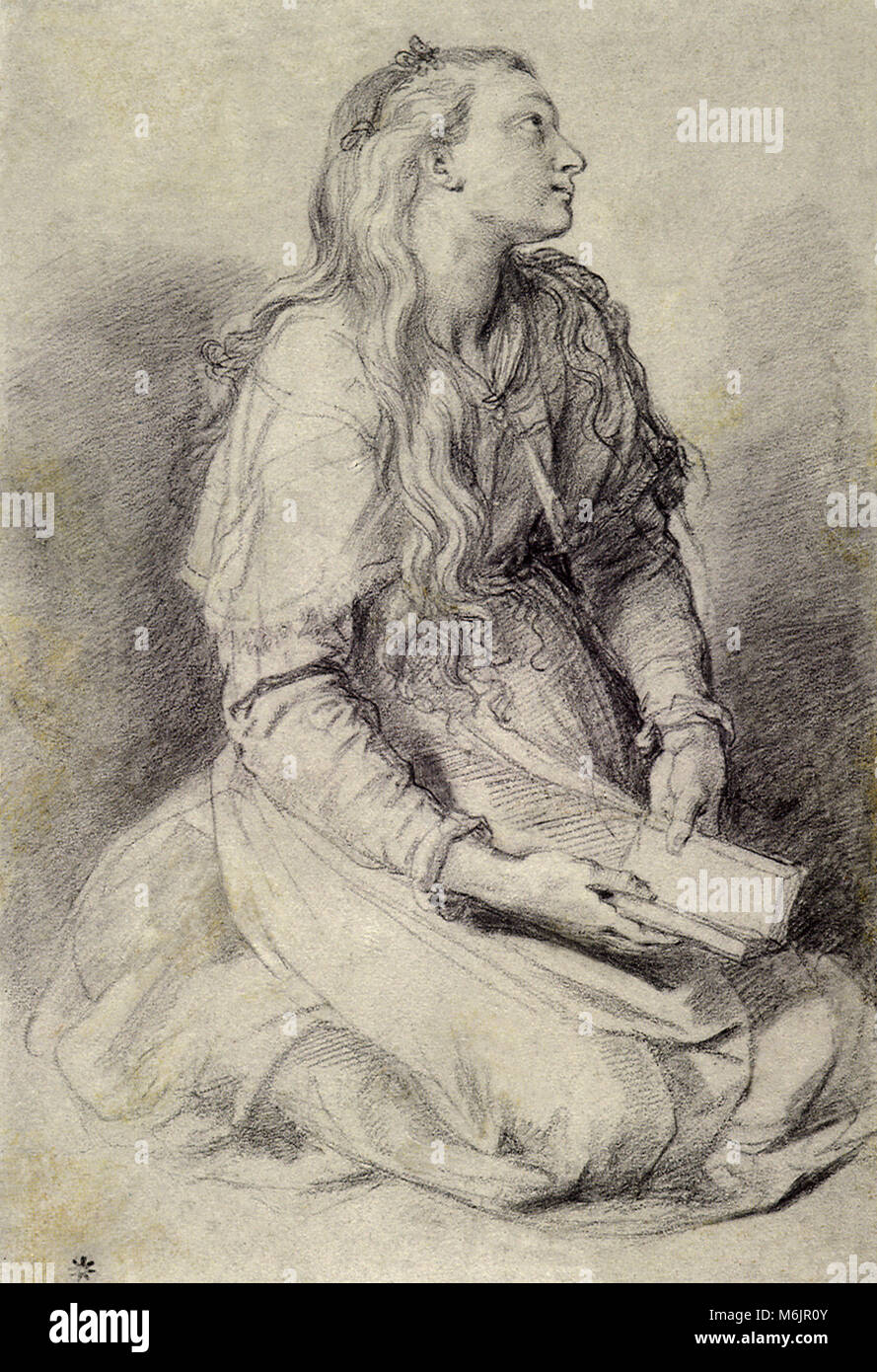 Jeune femme assise sur ses hanches, tenant un livre ouvert, Alessandro Allori,, 1560. Banque D'Images