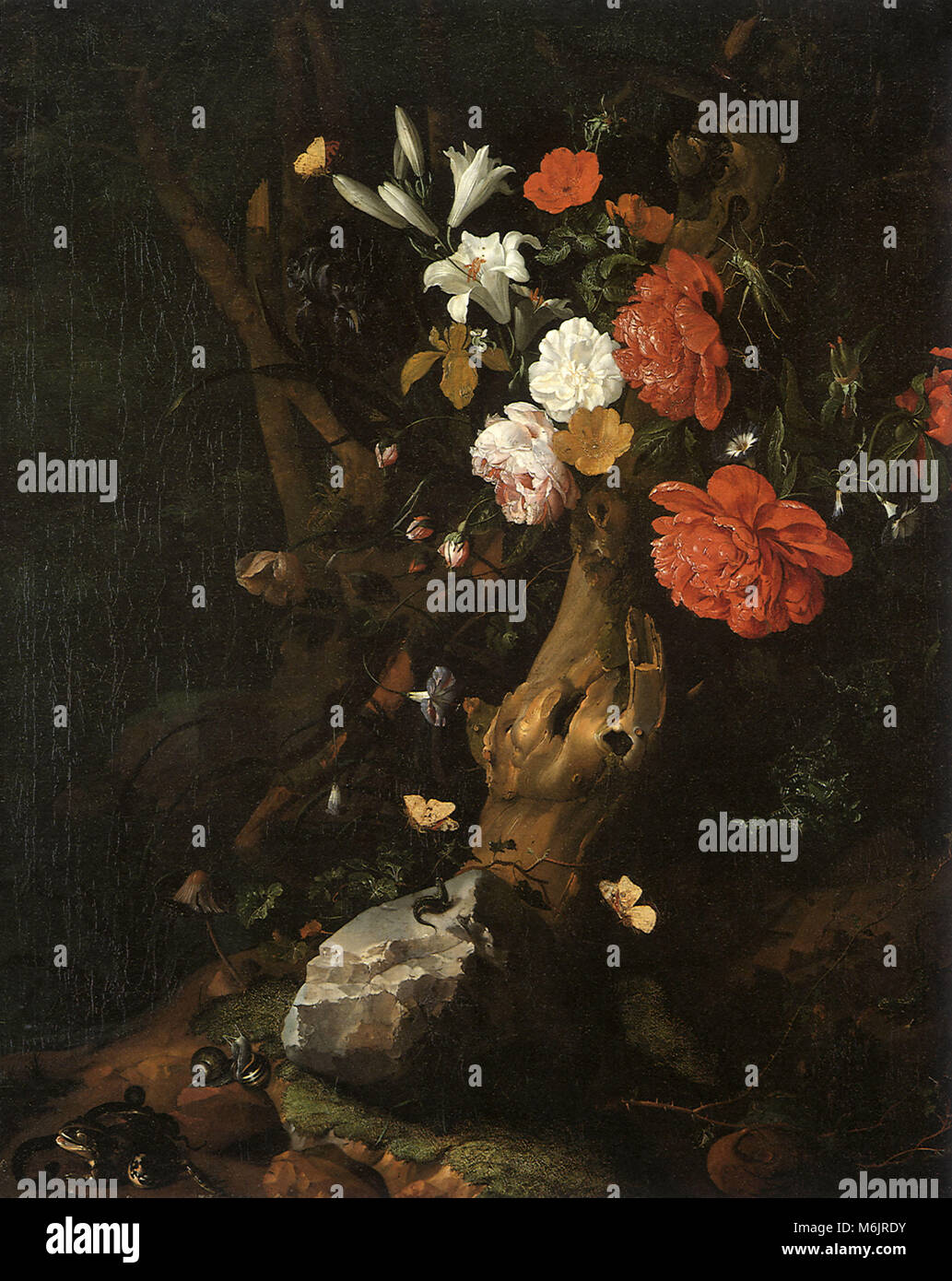 Des fleurs sur un tronc d'arbre, Ruysch, Rachel, 1740. Banque D'Images