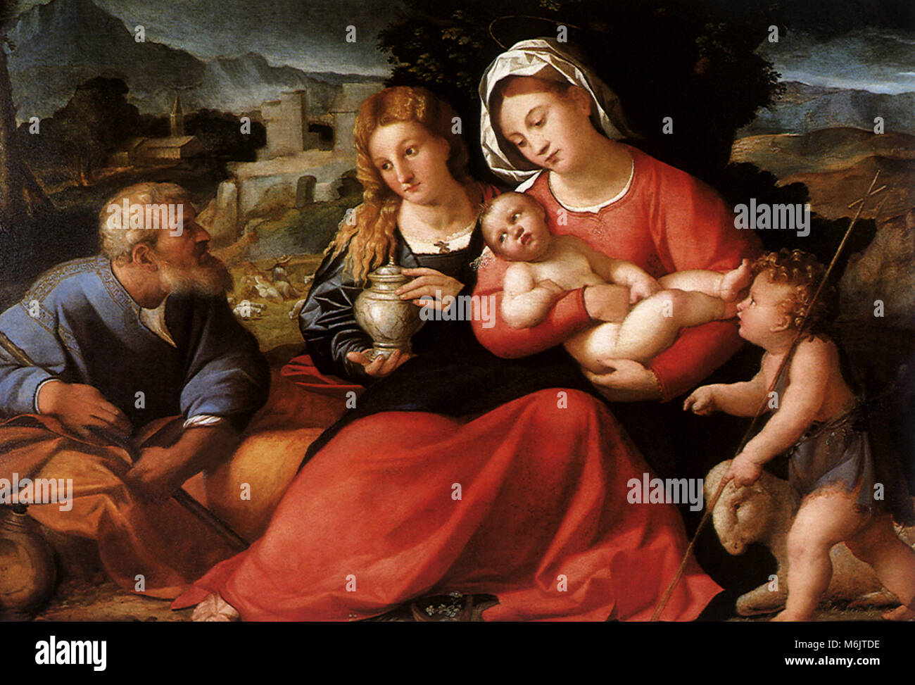 La Sainte Famille avec le jeune St John et St Marie Madeleine, Palma Vecchio, Jacopo Negretti, 1517. Banque D'Images