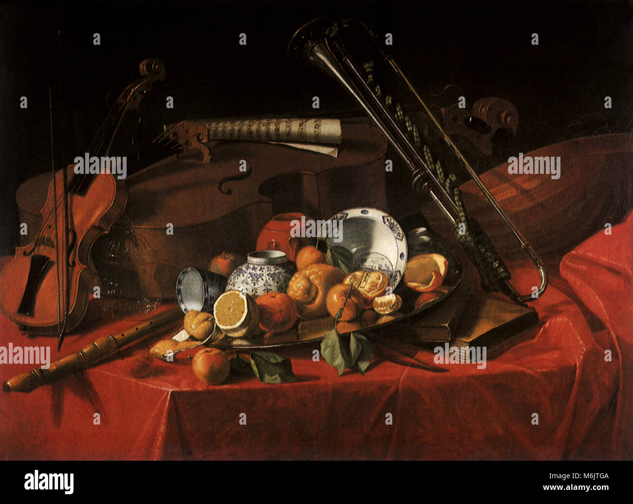Nature morte avec fruits, un plat, un livre, et une flûte, Cristoforo Munari,, 1706. Banque D'Images