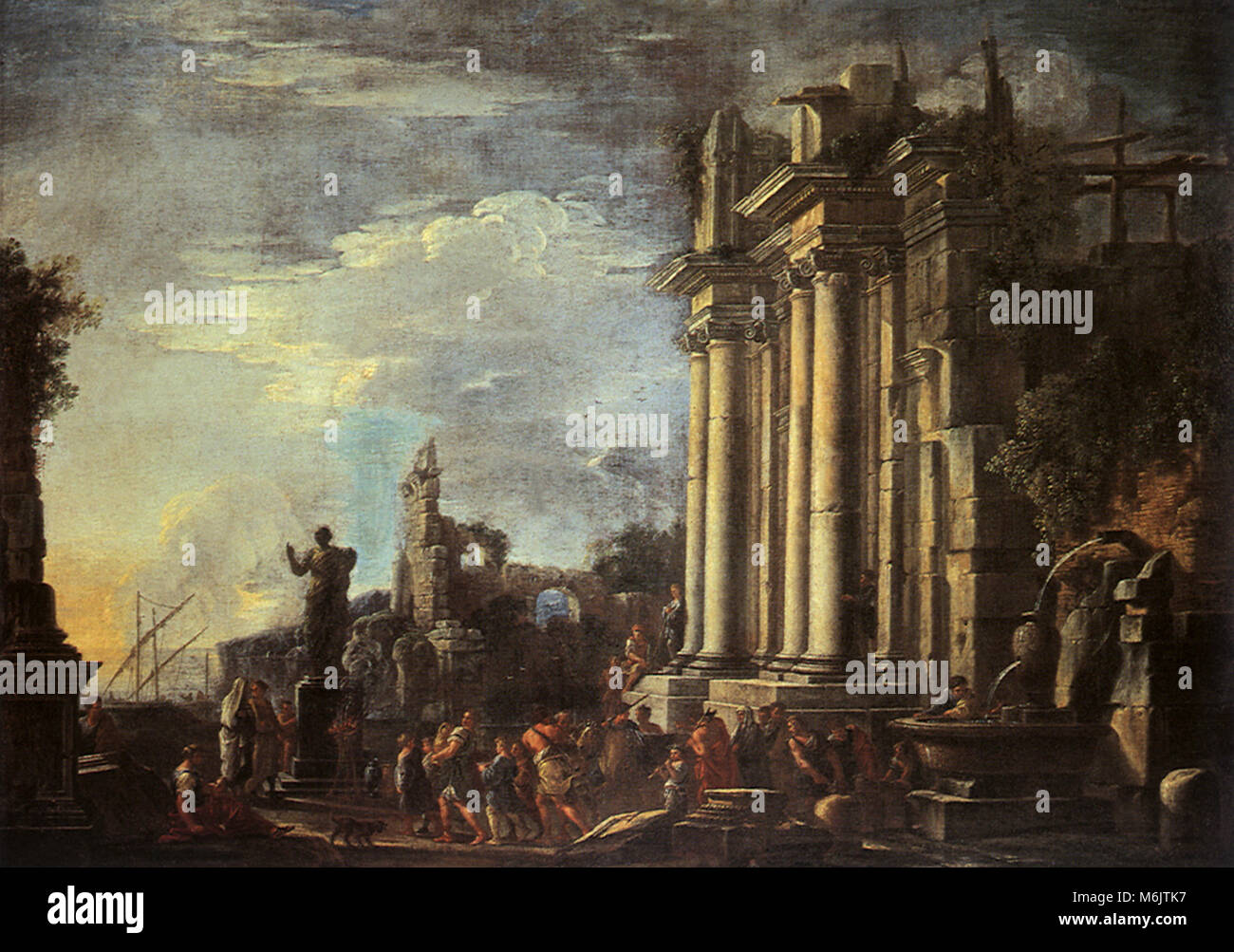 Paysage avec ruines romaines et une scène sacrificielle, 1655, Giovanni Ghisolfi, 1655. Banque D'Images