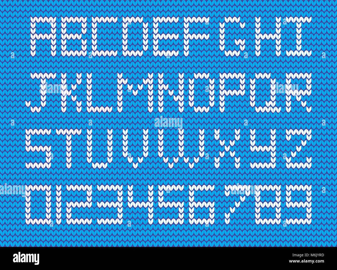 Ensemble d'Alphabet et Chiffres en tricot blanc sur bleu fond tricoté. En vecteur des symboles et des nombres pour la conception. Illustration de Vecteur