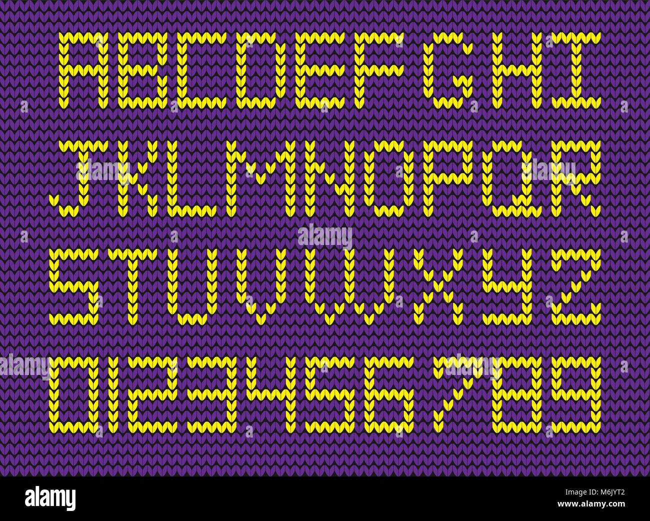 Ensemble d'Alphabet et Chiffres en jaune sur fond tricoté violet. Vector illustration d'étoffes de bonneterie et symboles des chiffres. Illustration de Vecteur