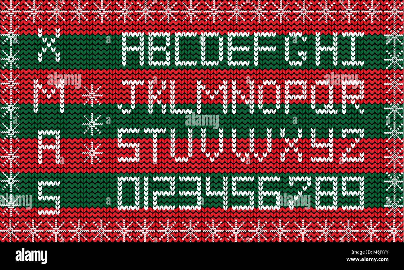 Alphabet et Chiffres en tricot blanc sur rouge et vert tricot rayé contexte encadré de flocons de neige. Noël Nouvel An Tissu ou script. K Illustration de Vecteur