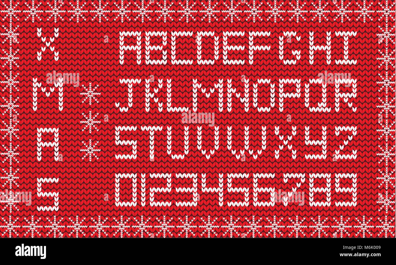 Alphabet et Chiffres en blanc sur fond rouge tissu tricoté encadrés par des flocons de neige. Vector illustration d'étoffes de lettres et de chiffres pour le d Illustration de Vecteur