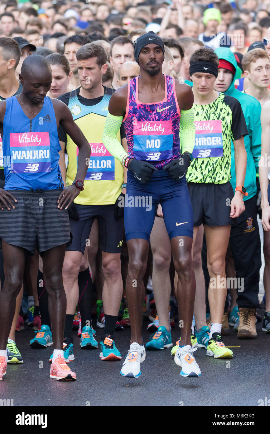 Londres, Royaume-Uni. 4 mars 2018. Mo Farah au début de la grande vitalité 2018 Demi-marathon. Credit : Vickie Flores/Alamy Live News Banque D'Images