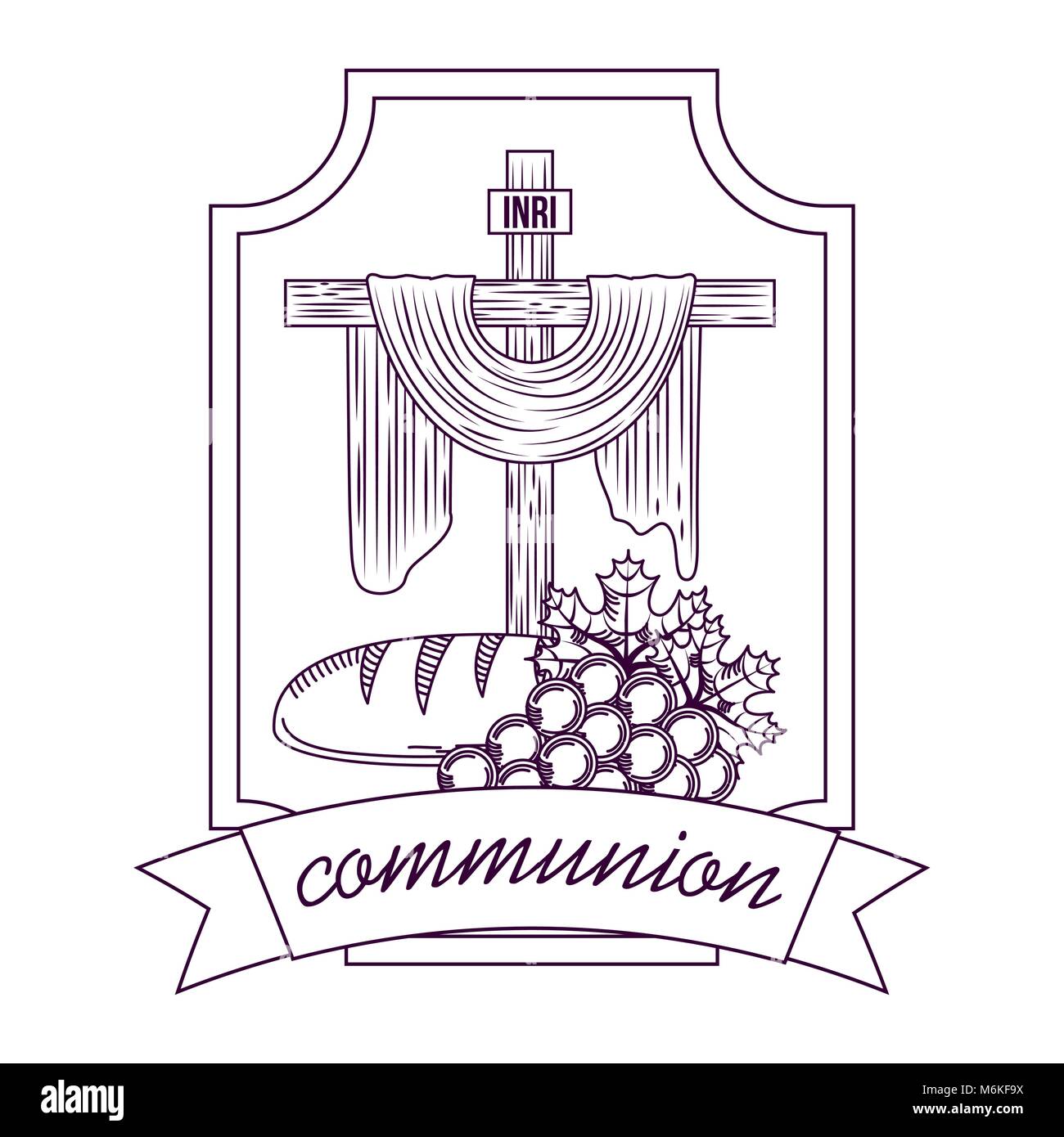 La croix sacrée communion le pain et les raisins de dessin à la main label Illustration de Vecteur