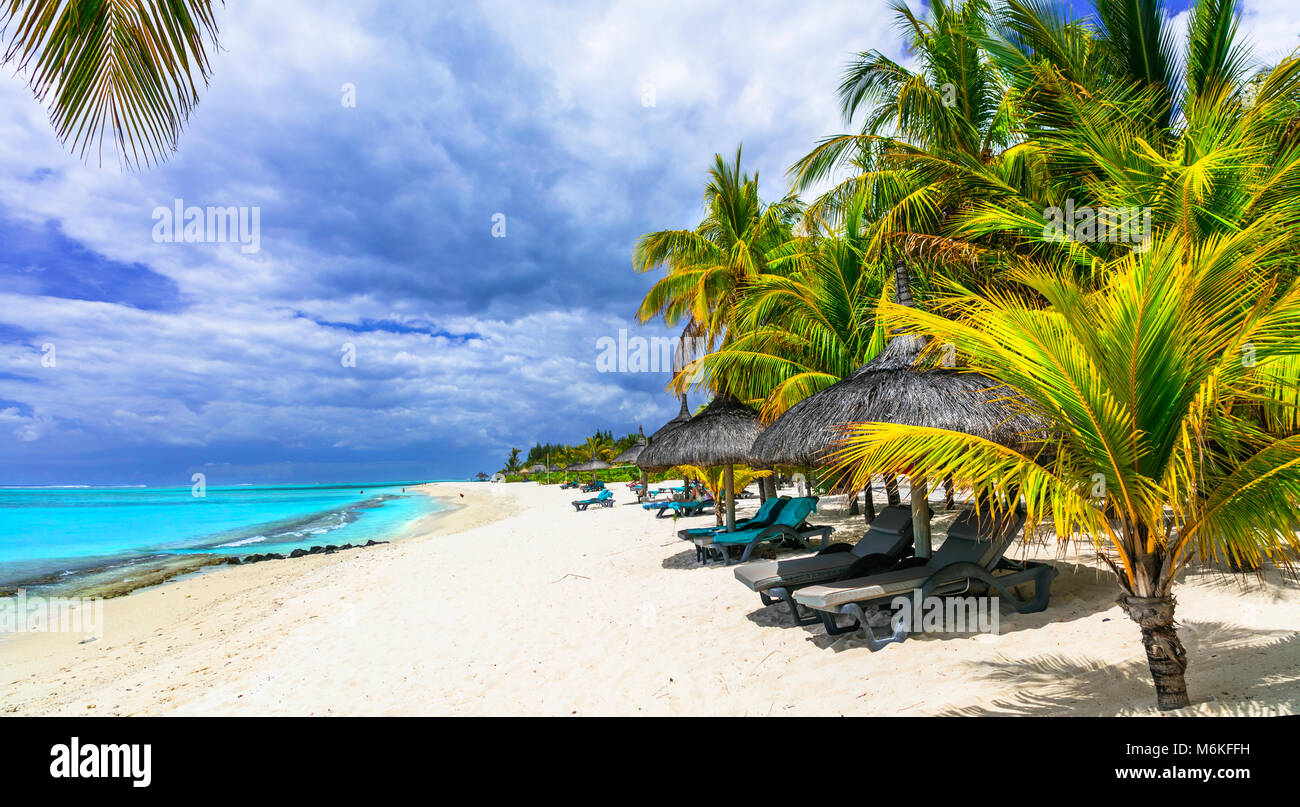 Belle île Maurice,avec vue sur la mer d'azur et de palmiers. Banque D'Images