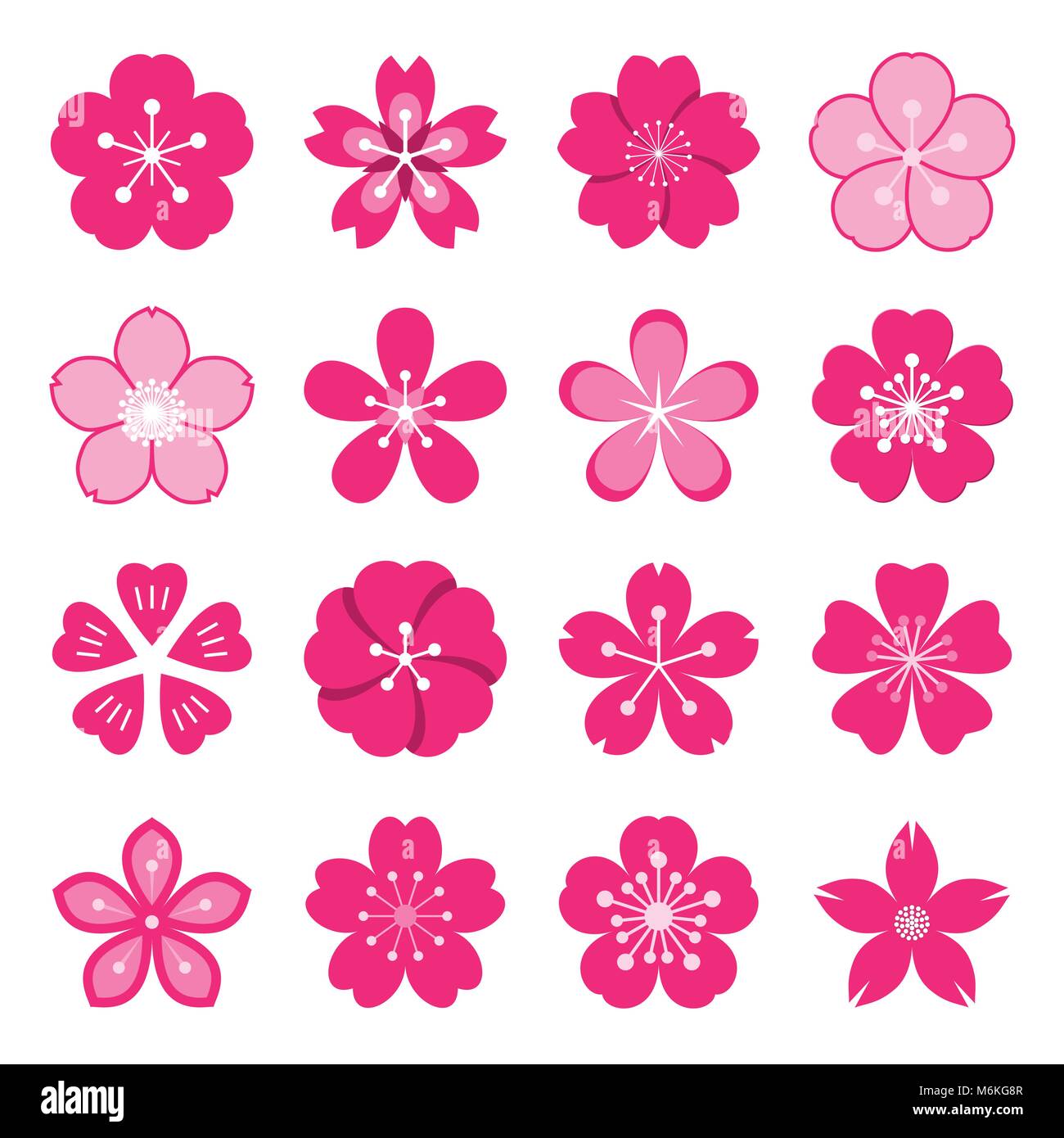 Les icônes de Sakura. Collection de 16 Ume couleur symboles Japanese cherry blossom isolé sur un fond blanc. Vector illustration Illustration de Vecteur