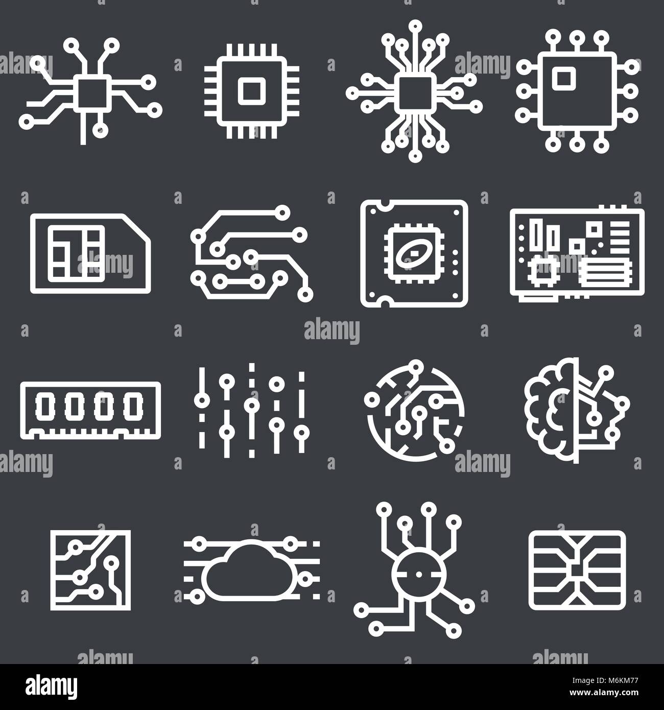 Simple Jeu de puces d'ordinateur liés Vector Icons sur fond gris Illustration de Vecteur