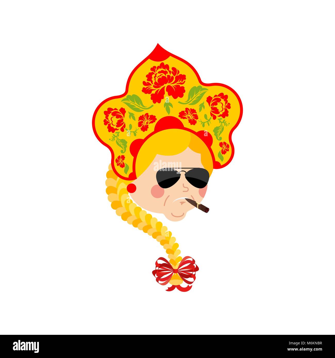 La Russie grave Cool l'avatar de l'émotions. Jeune fille russe fumeurs emoji cigare. En strict femelle Kokoshnik national hat. Chapeau folklorique historique Illustration de Vecteur