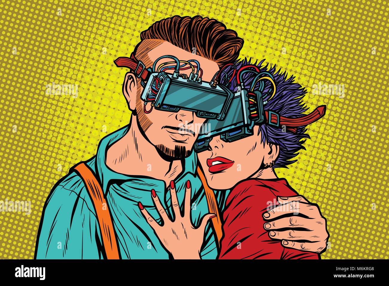 Couple in love avec lunettes de réalité virtuelle. Pop art retro vector illustration comic cartoon kitsch vintage Illustration de Vecteur