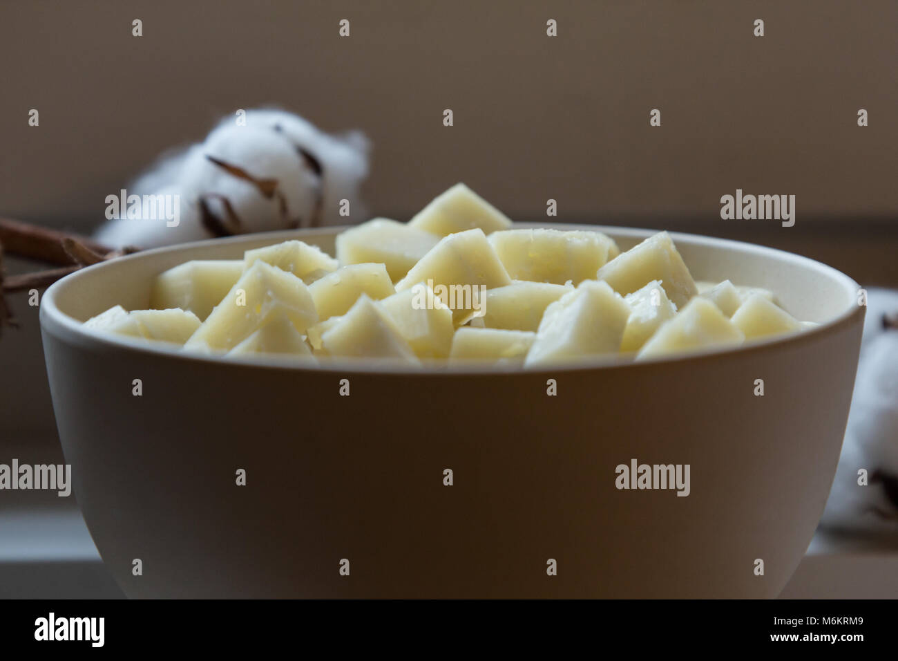 Bol avec un fromage de chèvre typique italien, le pecorino romano, placé sur la tablette de fenêtre, avec des fleurs de coton dans l'arrière-plan. Concept de natur maison Banque D'Images