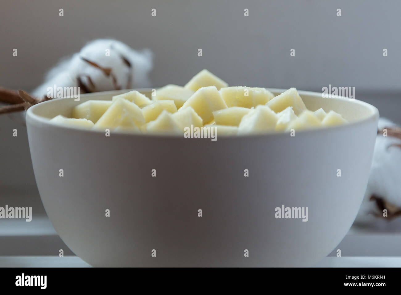 Bol avec un fromage de chèvre typique italien, le pecorino romano, placé sur la tablette de fenêtre, avec des fleurs de coton dans l'arrière-plan. Concept de natur maison Banque D'Images