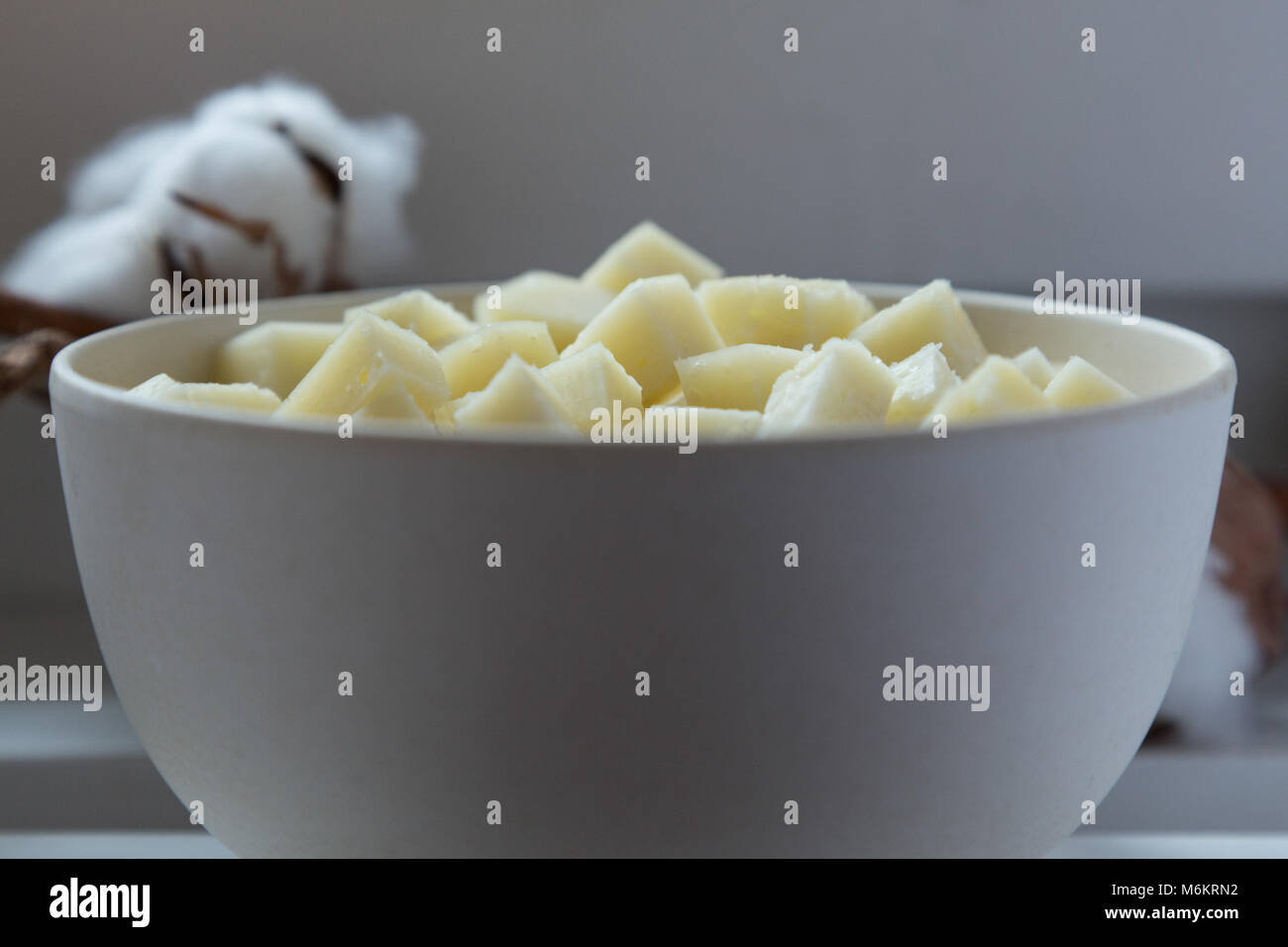 Bol avec un fromage de chèvre typique italien, le pecorino romano, placé sur la tablette de fenêtre, avec des fleurs de coton dans l'arrière-plan. Concept de natur maison Banque D'Images