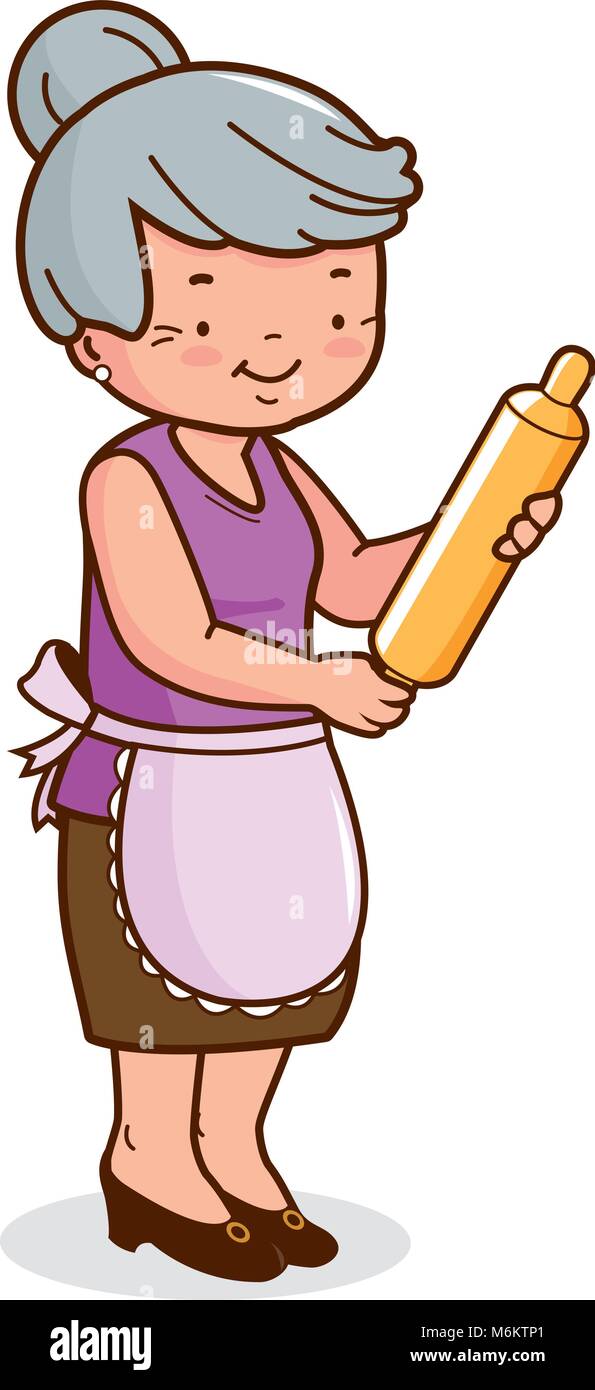 Grand-mère cuisinant, tenant un rouleau à pâtisserie. Vieille femme avec bol mélangeant et faisant de la nourriture maison dans la cuisine. Illustration vectorielle Illustration de Vecteur