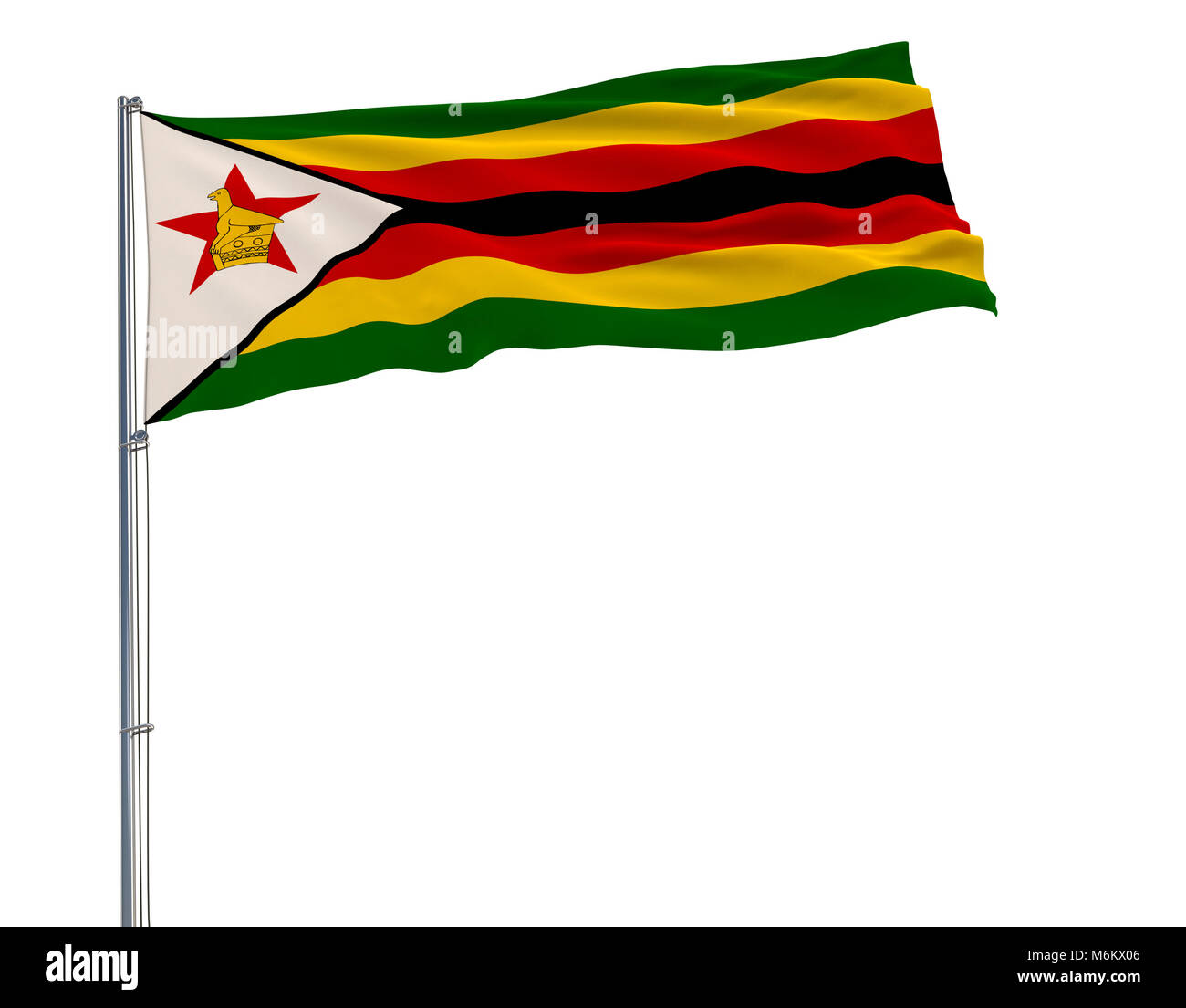 Pavillon du Zimbabwe sur le mât voltigeant dans le vent sur un fond blanc, 3D Rendering Banque D'Images