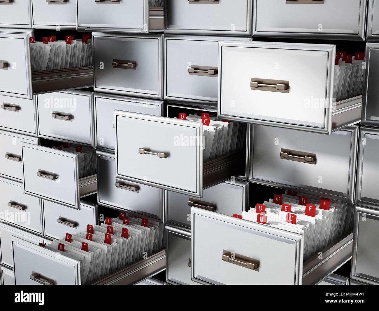 (Bibliothèque) tiroirs en bois avec des lettres. 3D illustration. Banque D'Images