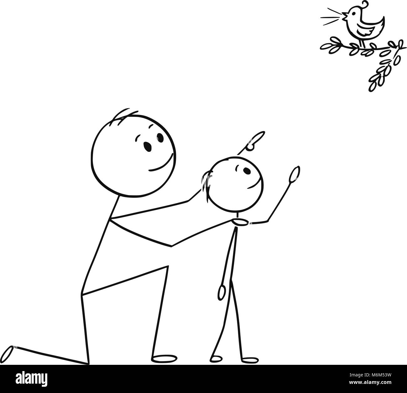 Caricature de père et fils regardant un oiseau sauvage dans la nature Illustration de Vecteur