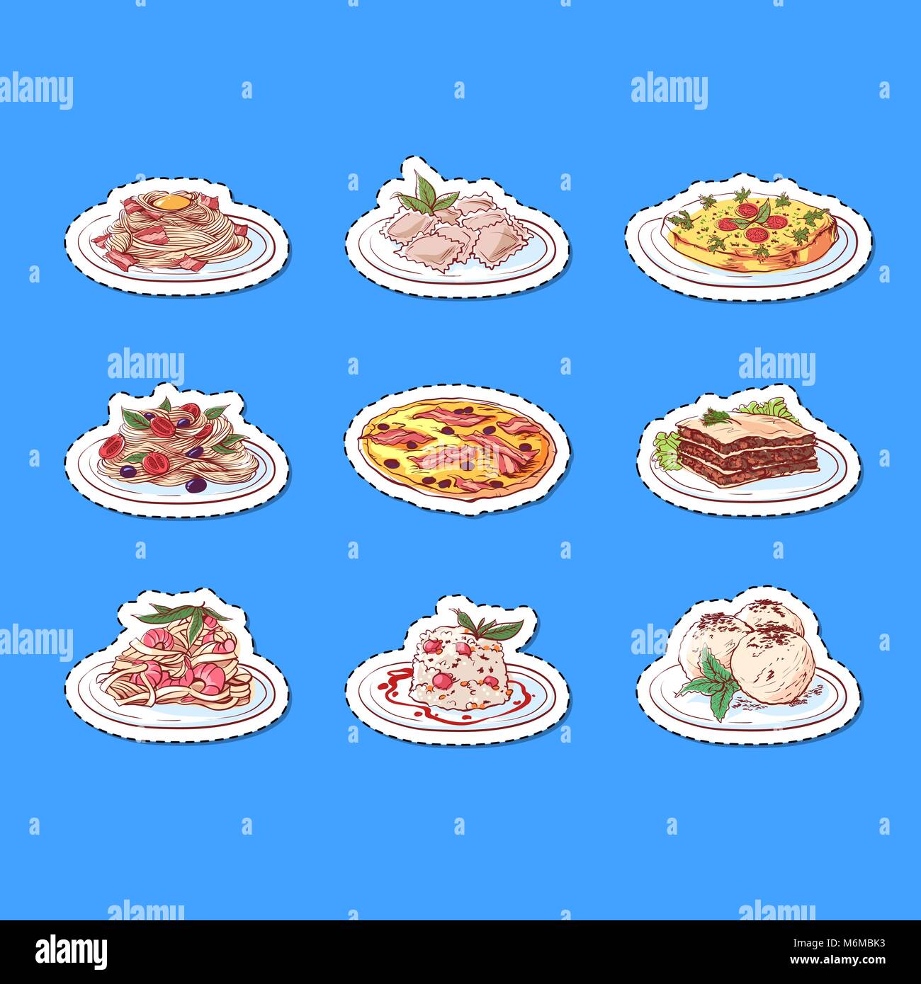 Des plats de la cuisine italienne des étiquettes isolées Illustration de Vecteur