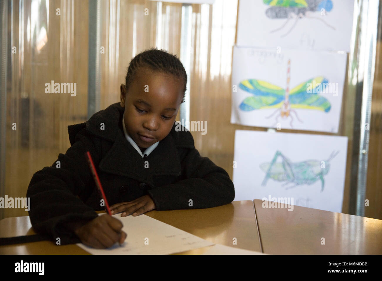Petite fille écrit en classe Banque D'Images