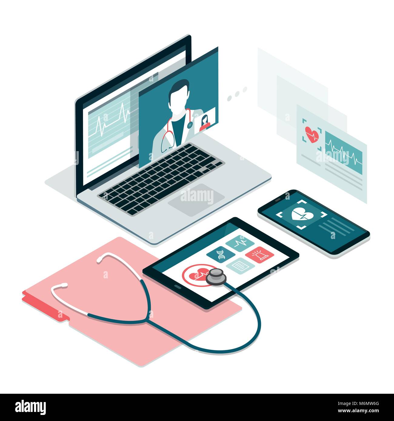 Les soins de santé, les diagnostics et la consultation médicale en ligne app sur portable, smartphone et tablette Illustration de Vecteur