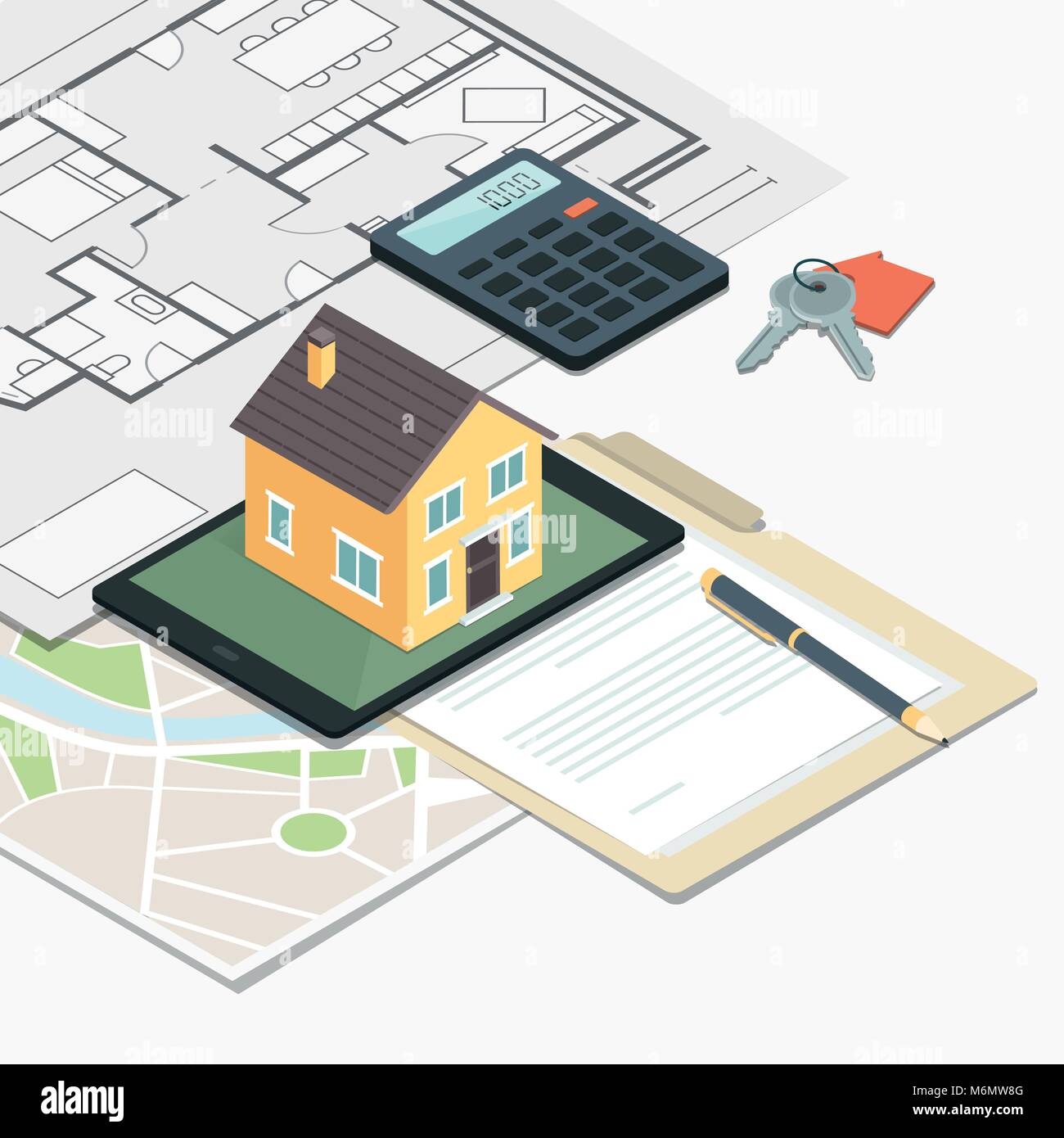 L'immobilier, de prêt et d'assurance habitation : maison modèle sur une table, plan de maison et touches principales Illustration de Vecteur