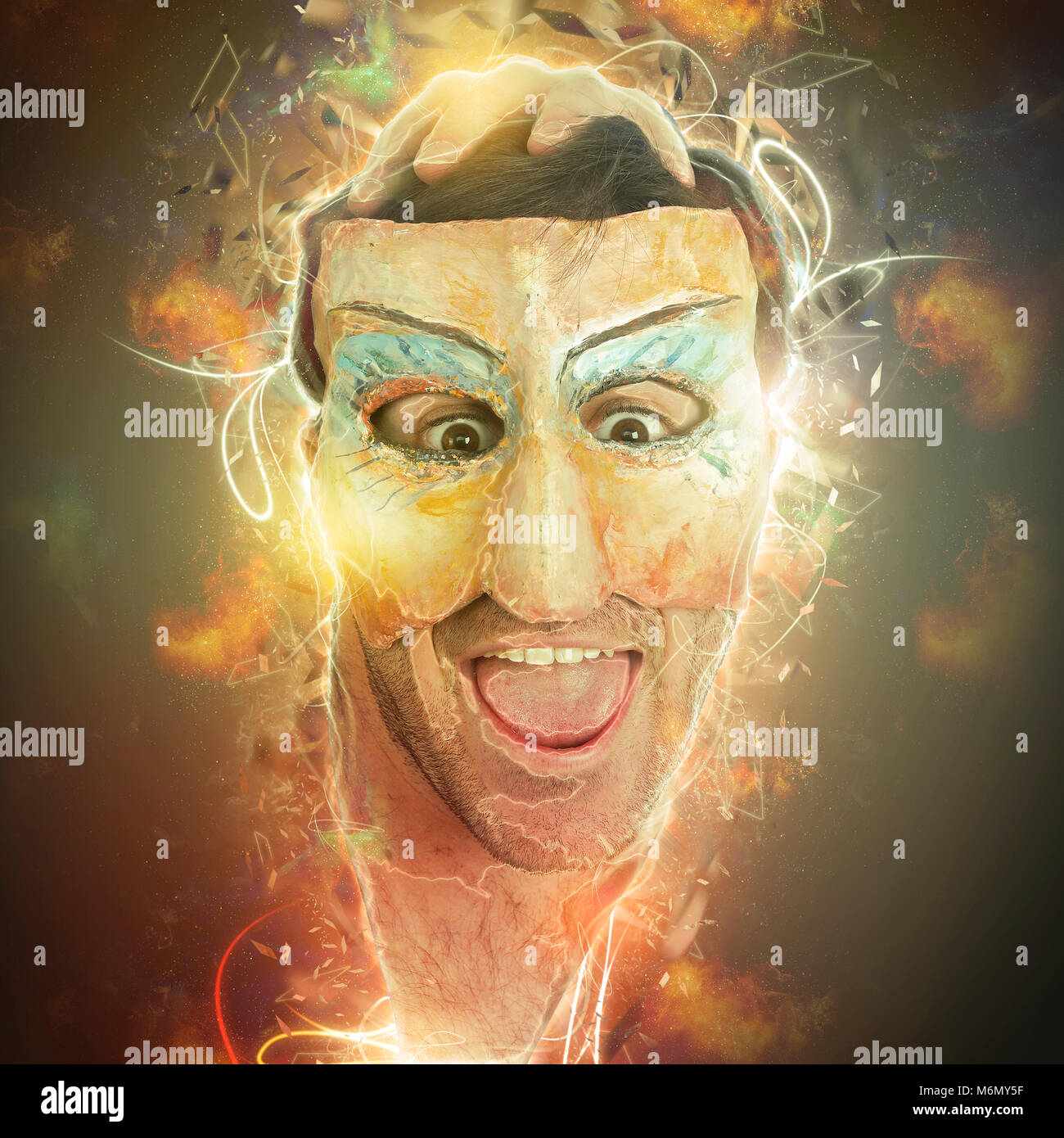 Amélioration de l'image numérique d'un acteur masqué dans un théâtre physique Banque D'Images