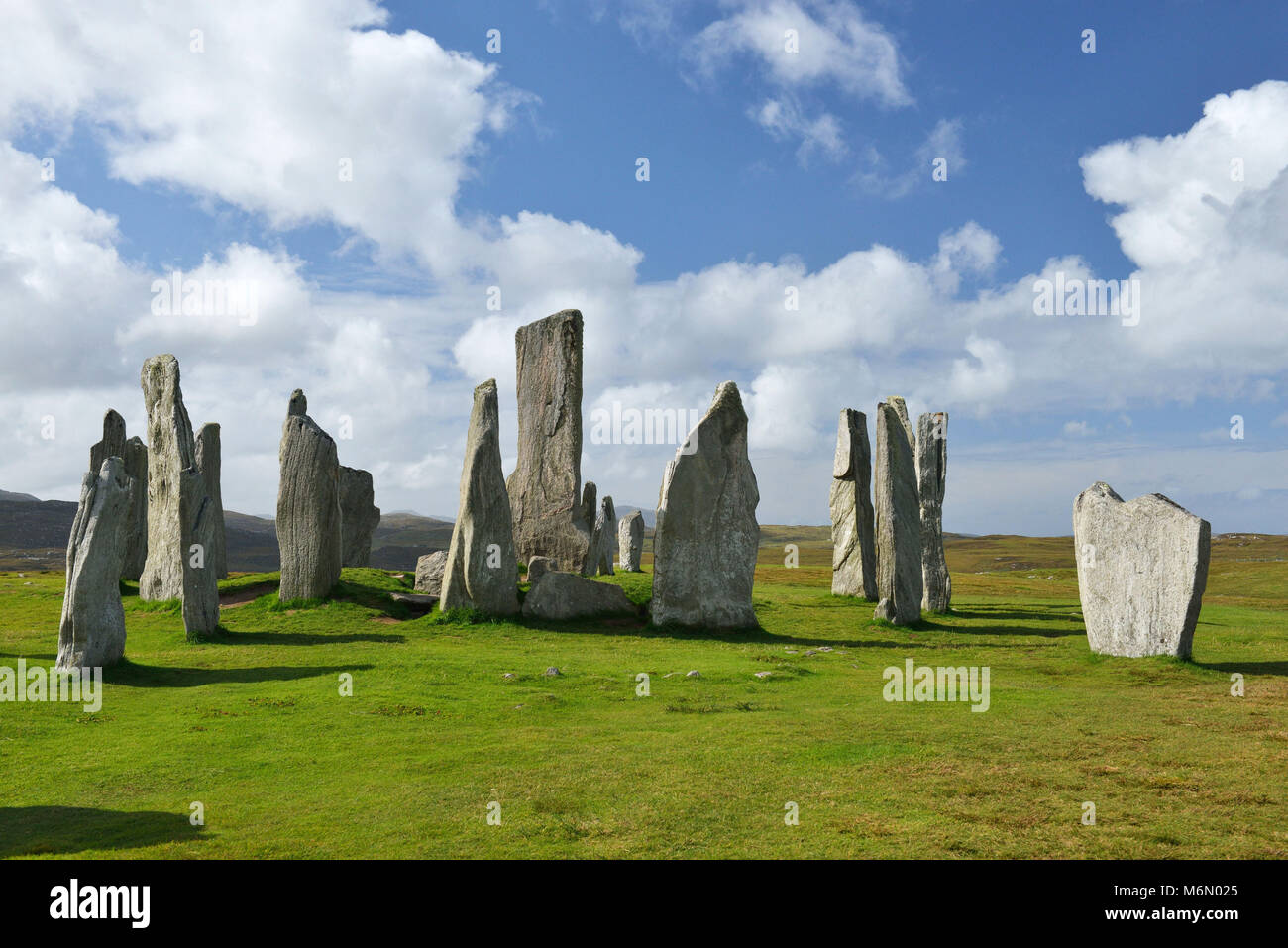 Royaume-uni, Ecosse, îles Hébrides, Lewis et Harris, à l'île de Lewis. Callanish Standing Stones. Cercle de pierres 3,000 avant J.-C.) Banque D'Images