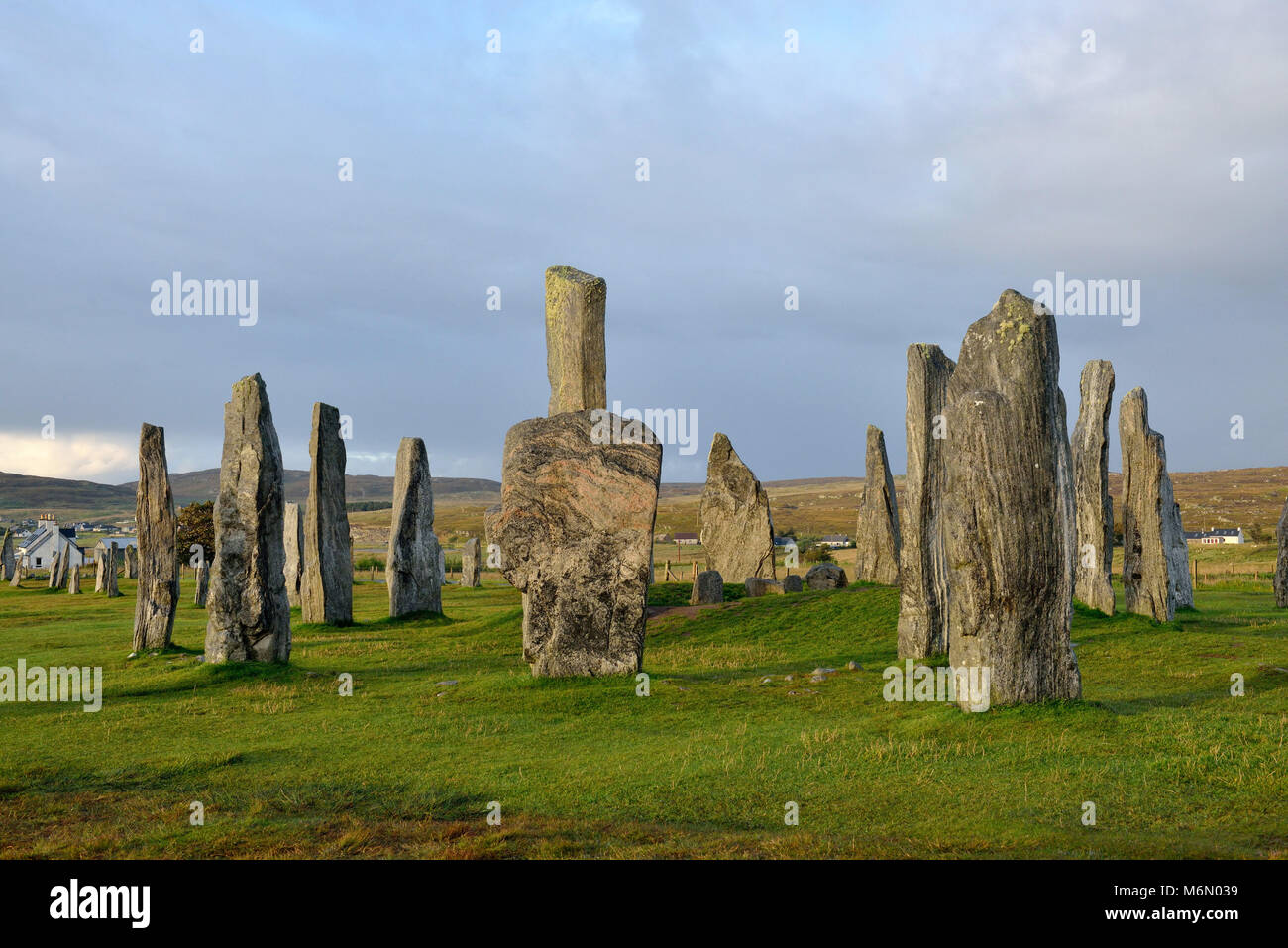 Royaume-uni, Ecosse, îles Hébrides, Lewis et Harris, à l'île de Lewis. Callanish Standing Stones. Cercle de pierres 3,000 avant J.-C.) Banque D'Images