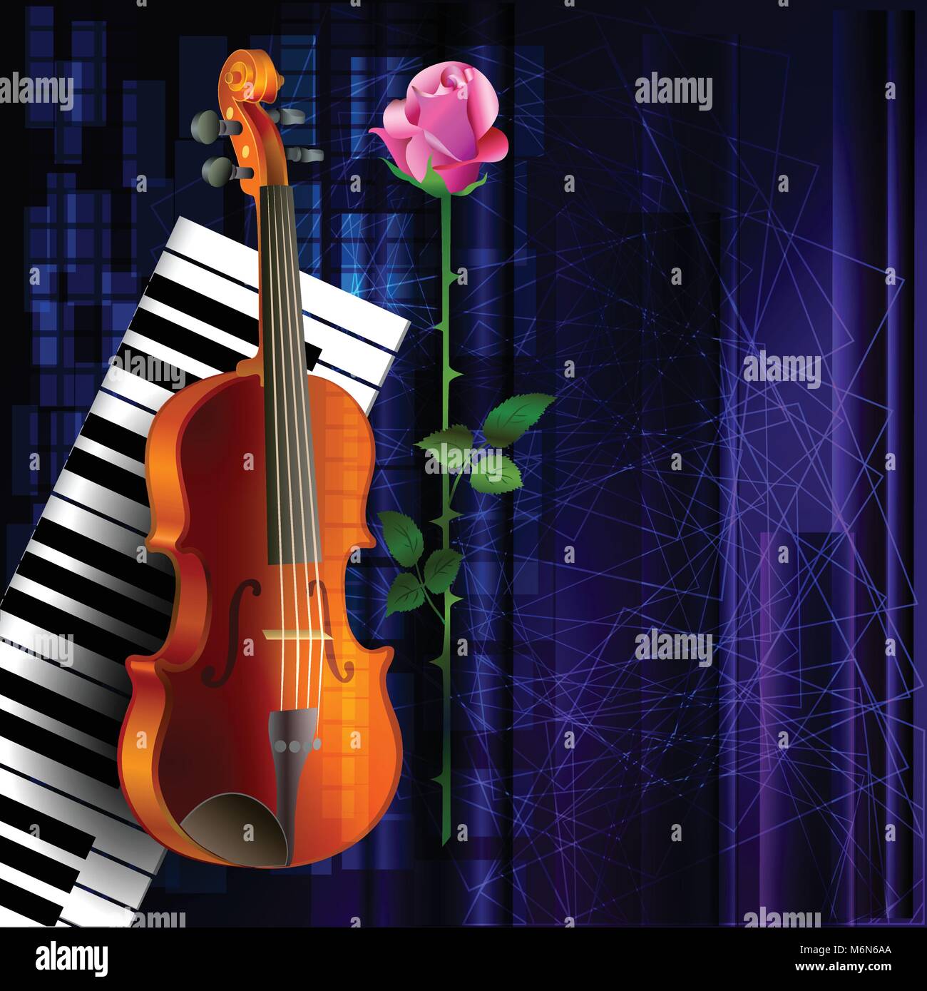 Arrière-plan de la musique classique avec violon, rose rose et clavier de piano sur fond sombre Illustration de Vecteur