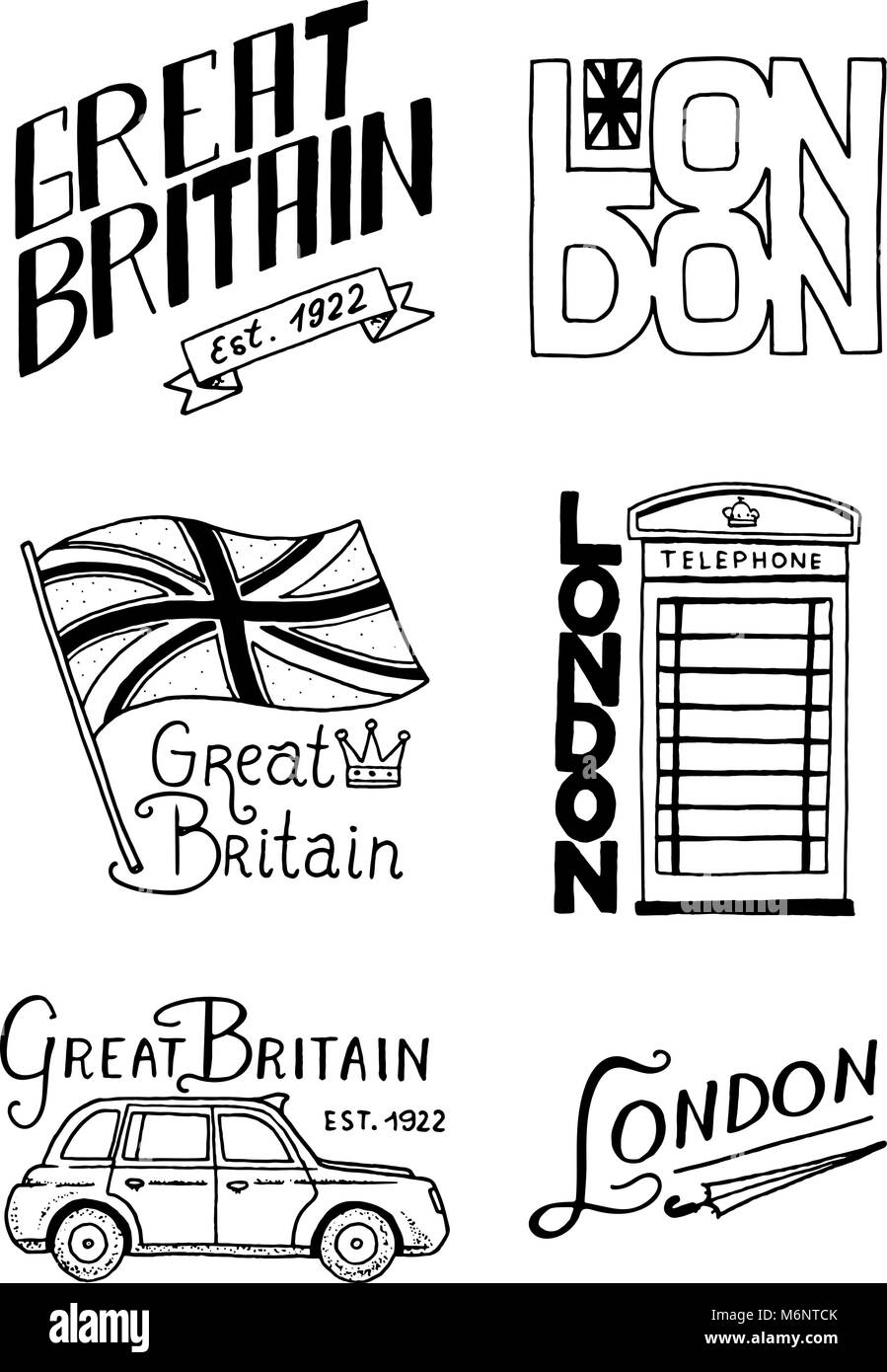 Logo britannique, symboles, insignes ou emblèmes, timbres, architecture culture, pavillon du Royaume-Uni. Pays Angleterre label. Cabine téléphonique, Londres et les messieurs. Gravé à la main, style vintage. Illustration de Vecteur