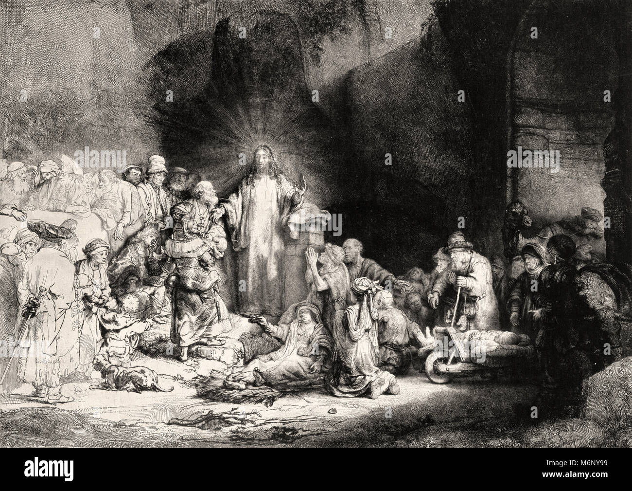 Rembrandt Harmenszoon van Rijn - Le 100 Guilder Print, également connu sous le nom de peu d'enfants élevés à Jésus 1649 Banque D'Images