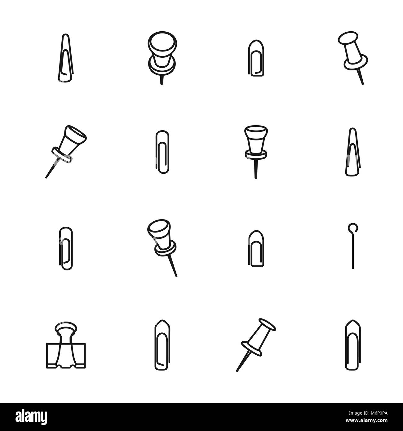 Set de bureau, trombones icônes de diverses formes et tailles de lignes fines. Isolé sur fond blanc, vector illustration. Illustration de Vecteur