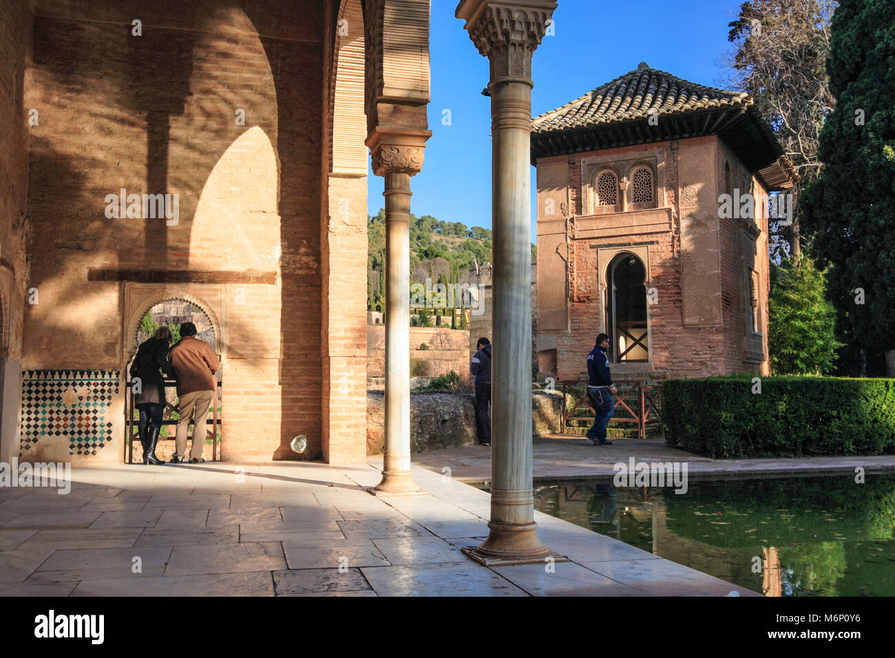 La réflexion de l'eau dans l'Alhambra Grenade Espagne jardins Partal Banque D'Images