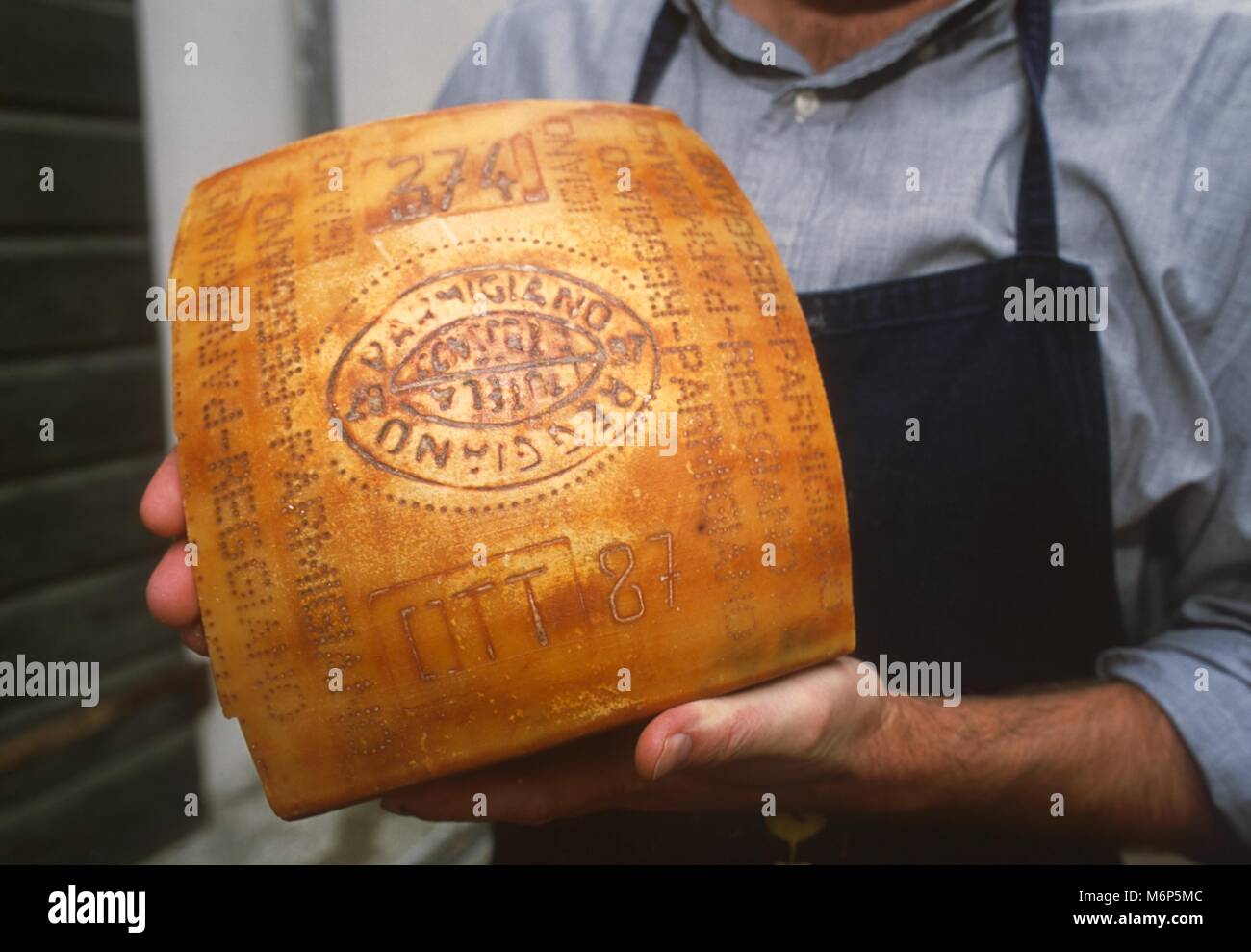 La cuisine italienne, la cuisine typique de la région d'Emilia, un restaurant 'DIvan' dans Roccabianca (Parme), un morceau de fromage parmigiano reggiano portant la marque DOP (appellation d'Origine Protégée) Banque D'Images