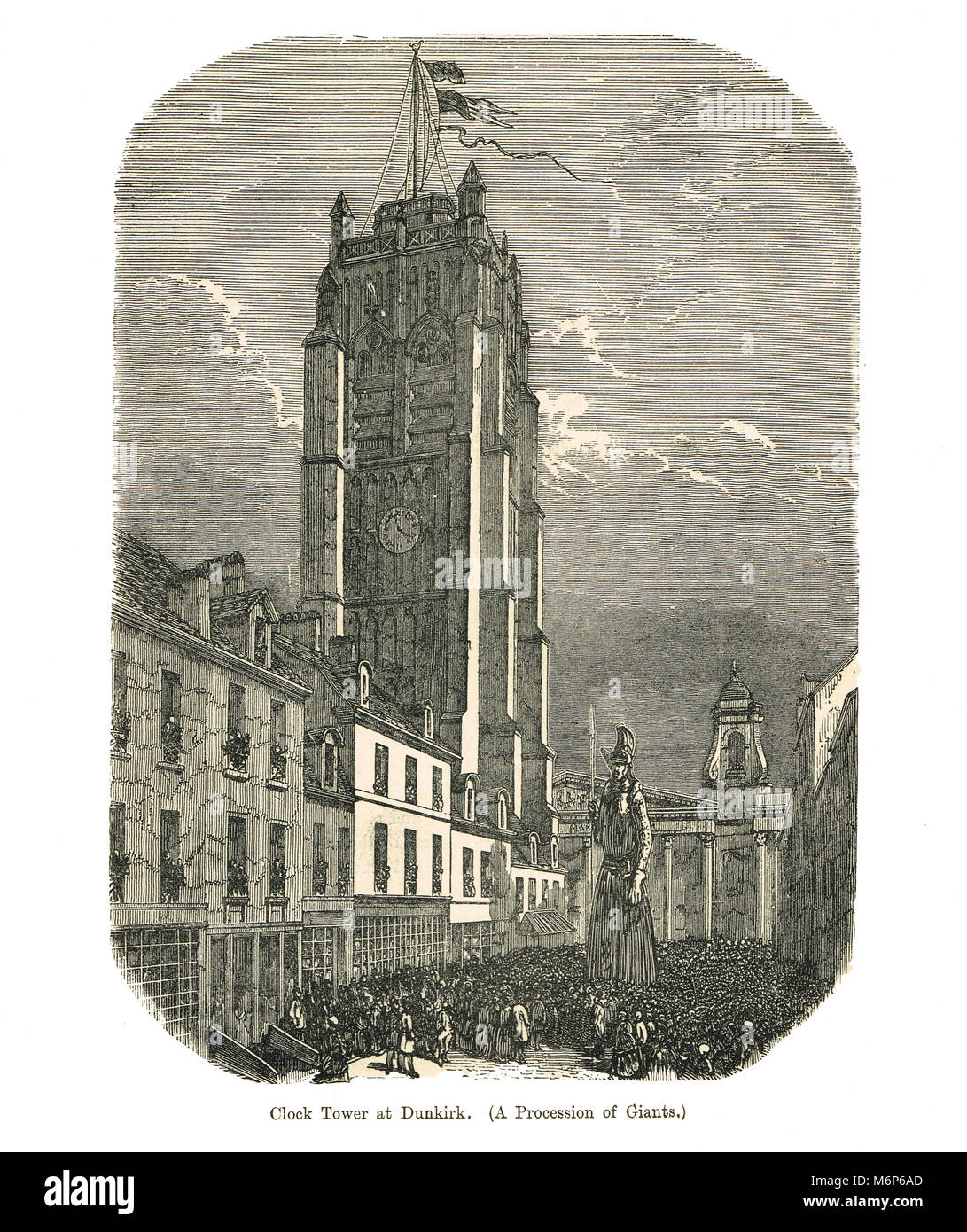 Tour de l'horloge à Dunkerque, une procession de géants, 19e siècle Banque D'Images