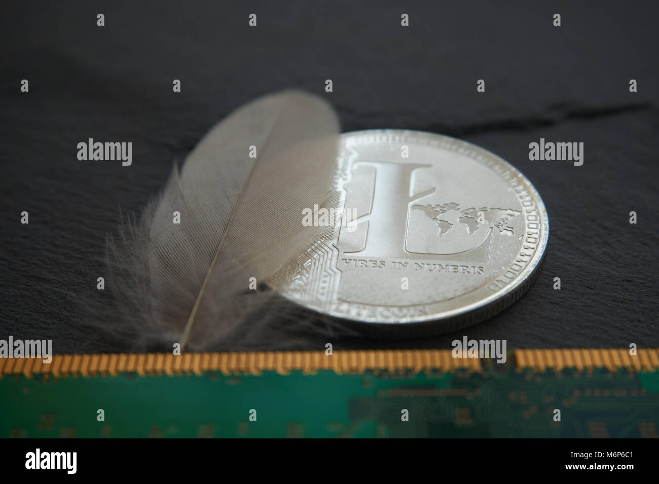 Litecoin Silver coin allongé sur la surface en pierre grise à côté d'une plume blanche et de l'ordinateur carte mémoire. Cryptocurrency creuser difficulté concept, se Banque D'Images