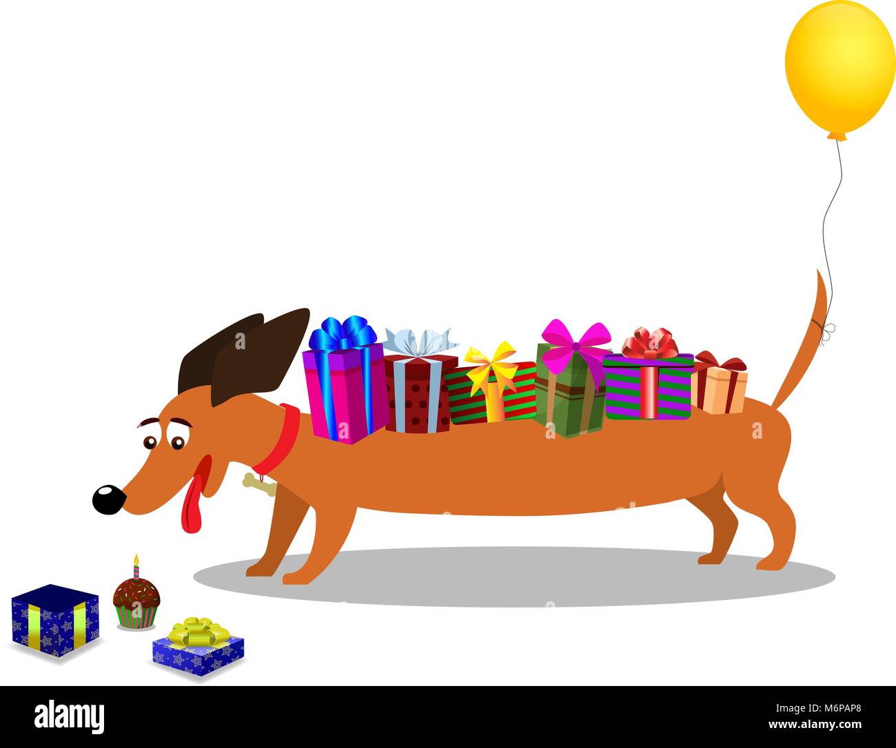 Cute dachshund avec des cadeaux sur le dos et le ballon sur la queue en regardant boîte-cadeau avec à proximité cupcake isolé sur fond blanc. Illustration vectorielle, clip Illustration de Vecteur