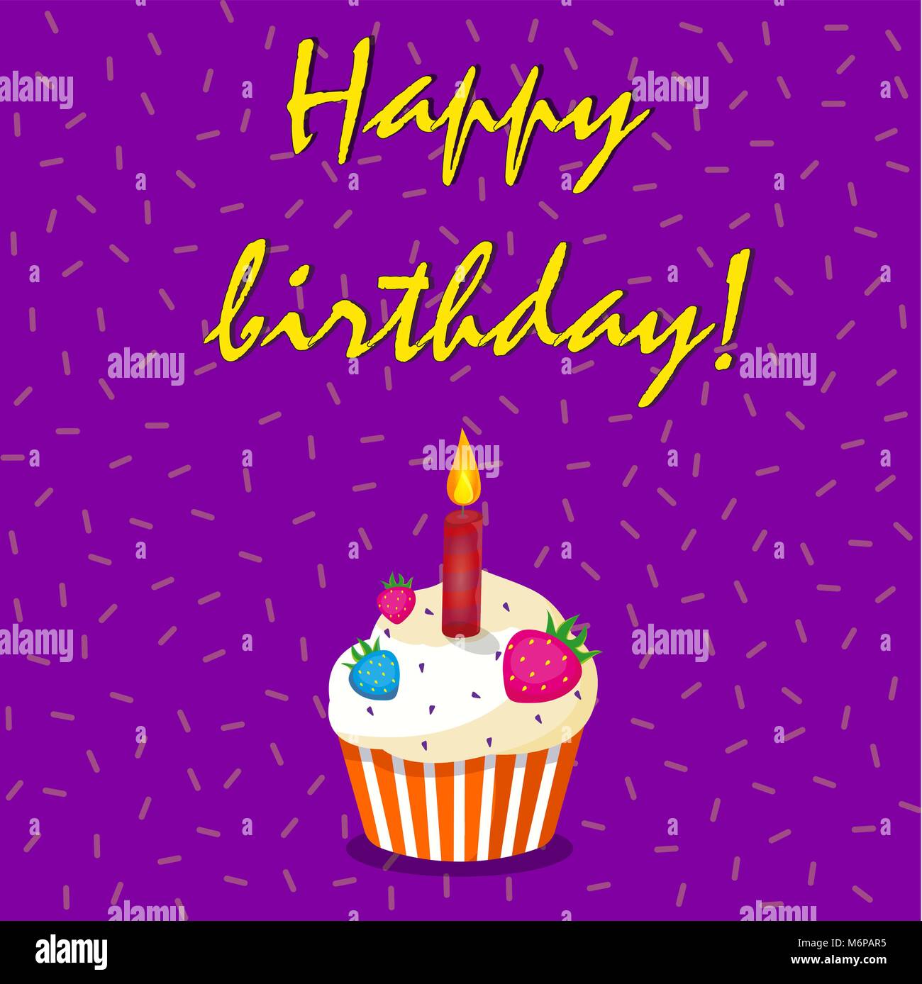 Happy birthday card with strawberry cup cake et bougie allumée sur fond violet confetti. Vector illustration. Illustration de Vecteur