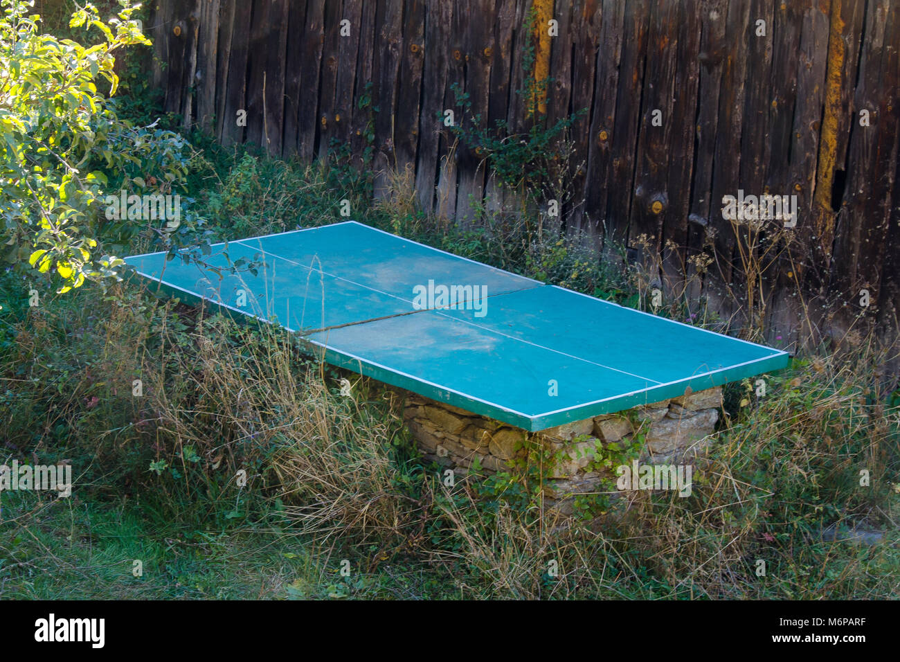 Tennis de table en plein air abandonnés ou table de ping-pong sur base de  pierre sans filet perdu dans le jardin envahi par les mauvaises herbes  Photo Stock - Alamy