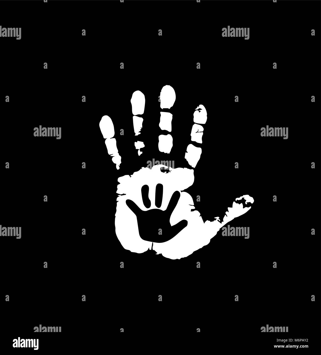 Le noir et blanc silhouette de main de bébé et adultes dans la région de coeur. Mère ou père et enfant handprint. Paume de femme et bébé. Illustration vecteur social Illustration de Vecteur