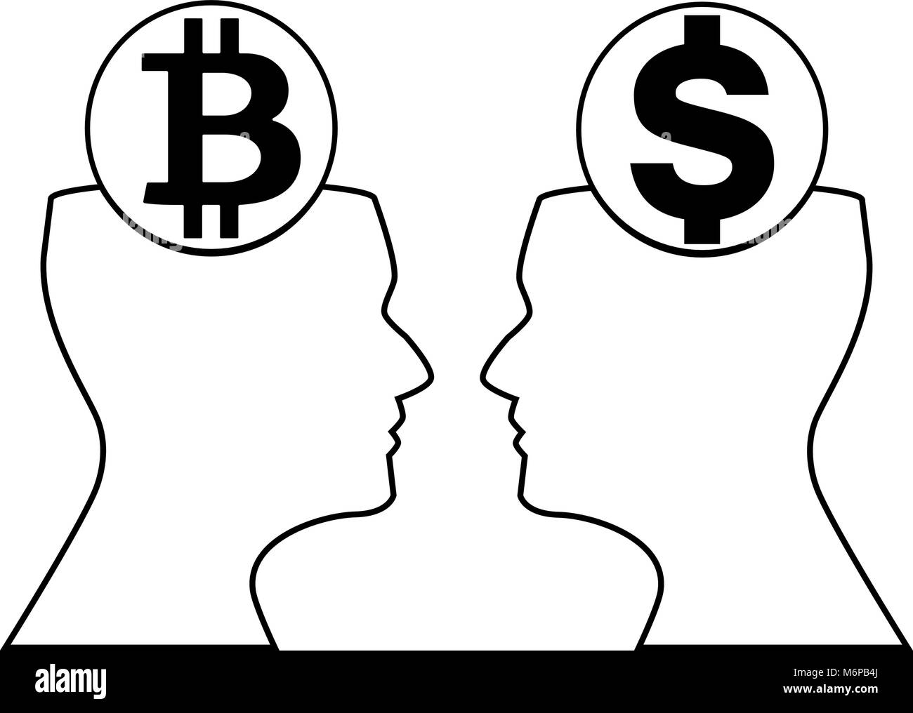 Dollar et affiches à l'intérieur de contours bitcoin silhouette de têtes humaines regarder sur l'autre. Silhouette noire sur fond doré. Vector illustratio Illustration de Vecteur