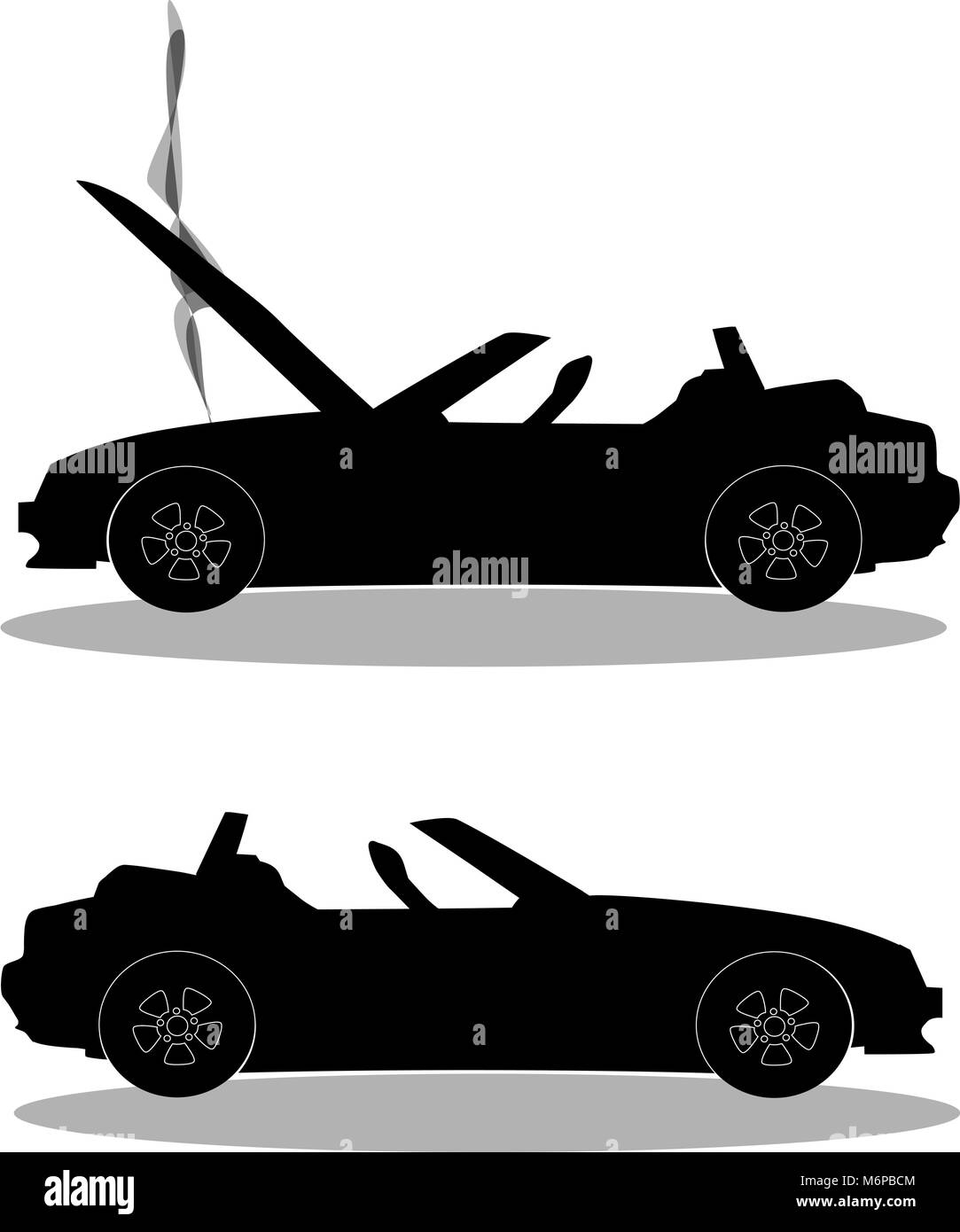 Silhouette noire de sport cabriolet voiture dessin animé avec le capot ouvert couvert de fumée. Accident de voiture avant et après. Vector illustration, signe, sy Illustration de Vecteur