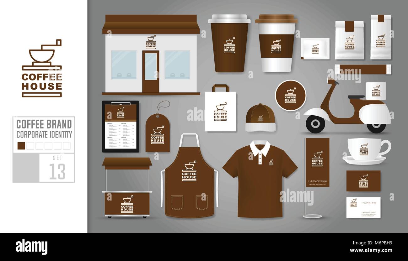 L'identité d'entreprise Paramétrage du modèle 13. Concept de logo pour un café, café, restaurant. Modèle de simulation réaliste jeu de store, polo, tablier, cap, s Illustration de Vecteur