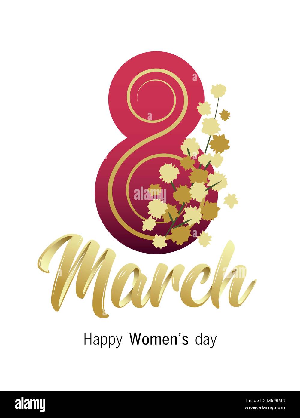 Bonne journée de la femme. 8 mars carte de souhaits avec or Script manuscrite et mimosa. Vector illustration. Illustration de Vecteur