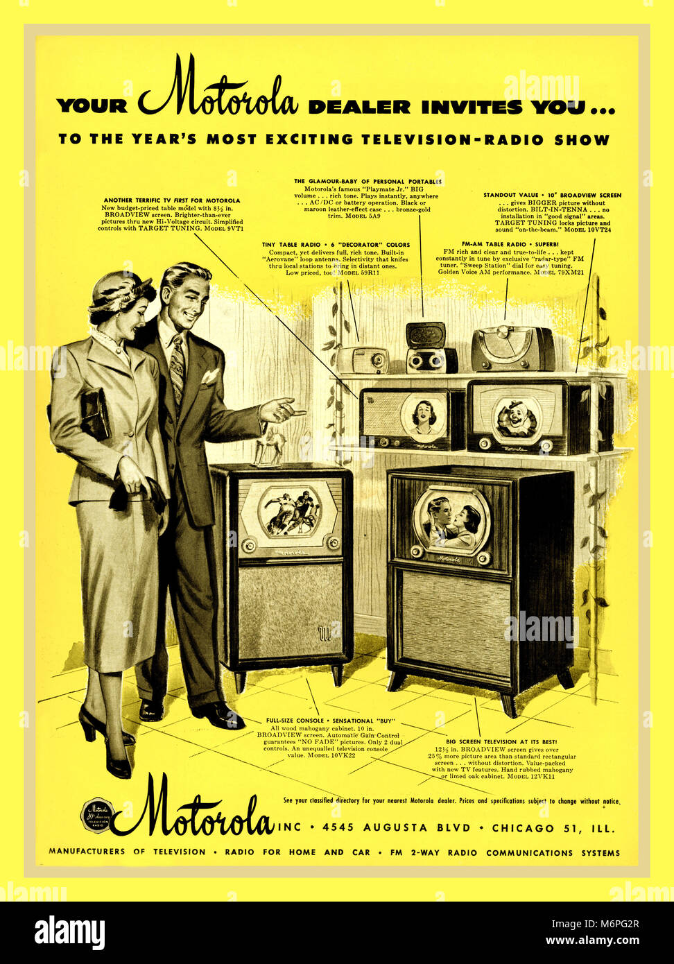 Vintage des années 40, la télévision/radio Motorola appuyez sur la publicité pour la télévision radio show 1949 Banque D'Images